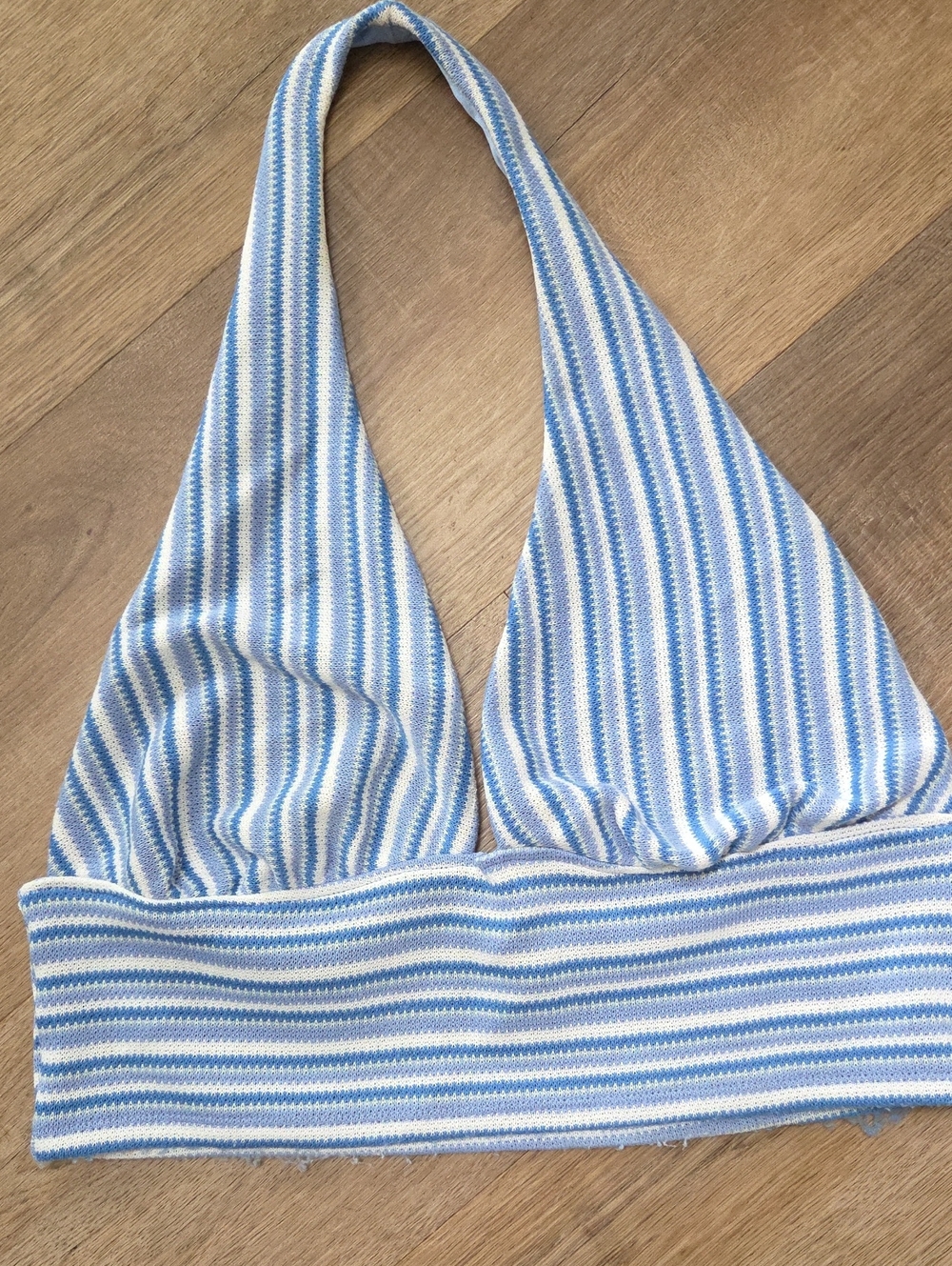 Divided Blue and White Striped One-Piece Halter Top